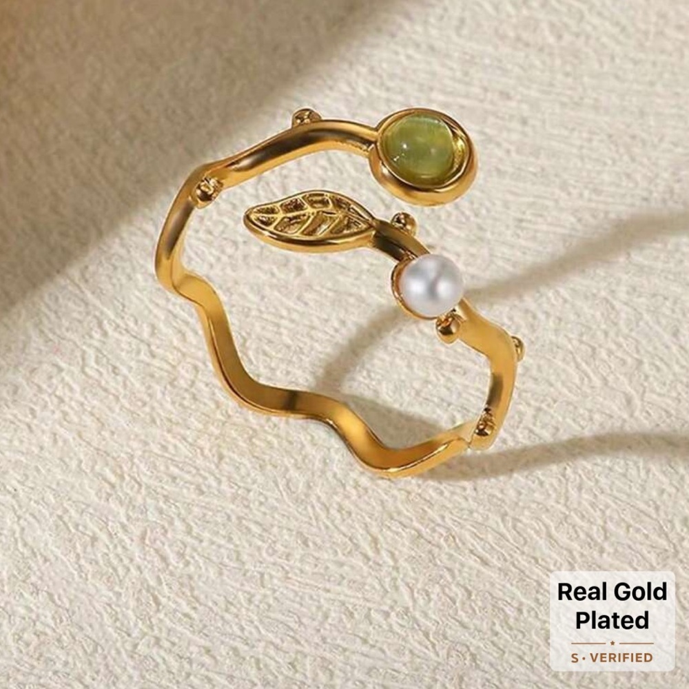Gold Plated Leaf & Pearl Open Ring with Green Stone